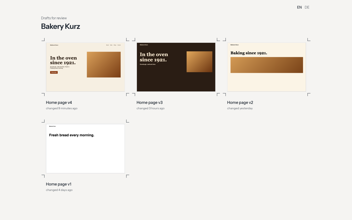 The client's project page: all drafts as cards, newest first
