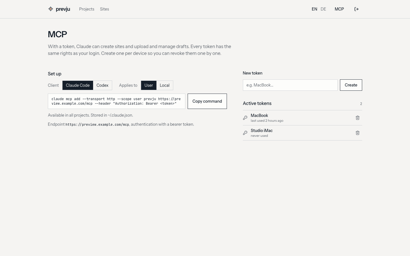 The MCP page in the prevju admin: setup command and tokens