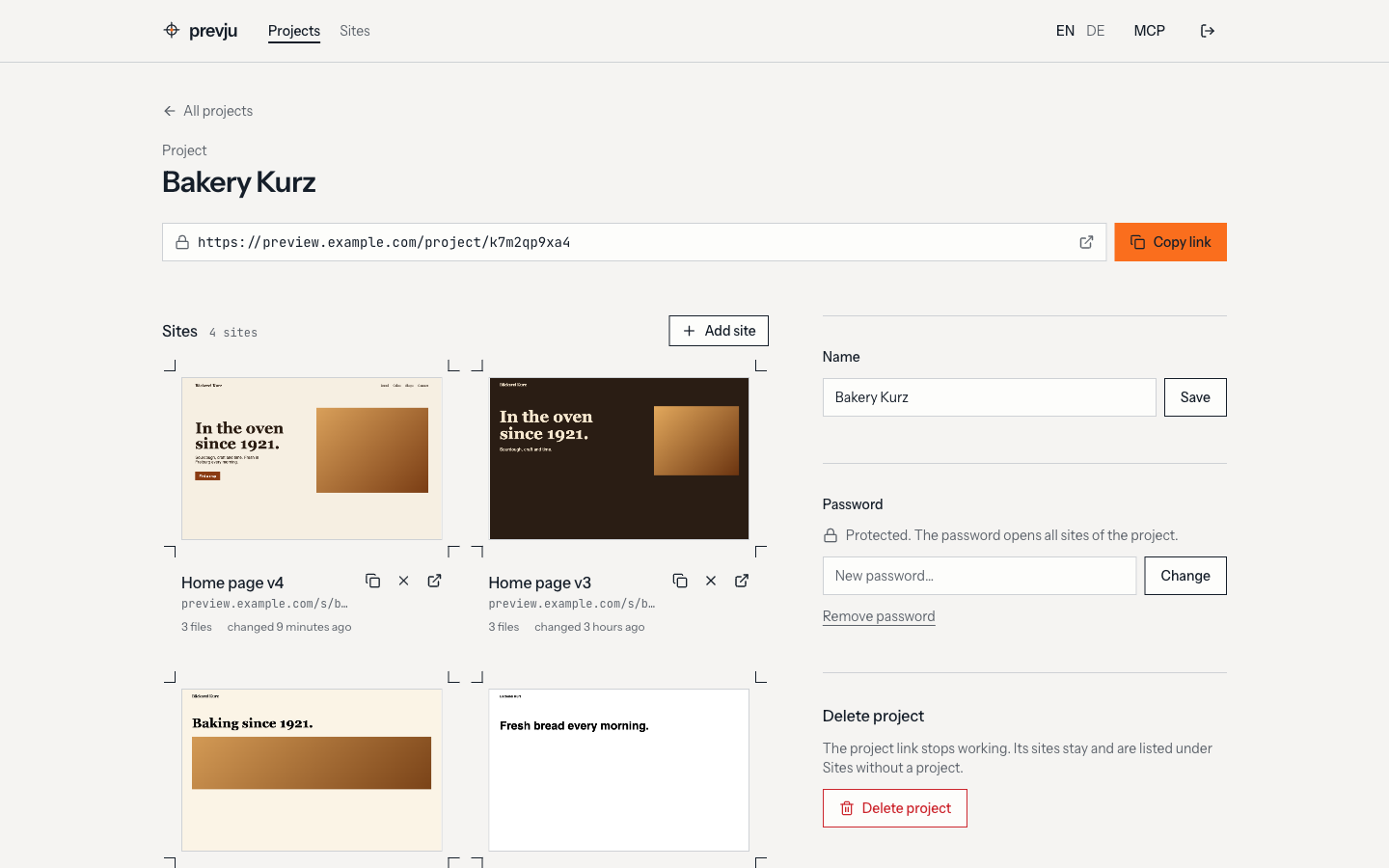 A project in the prevju admin: its link, the sites inside it, name and password