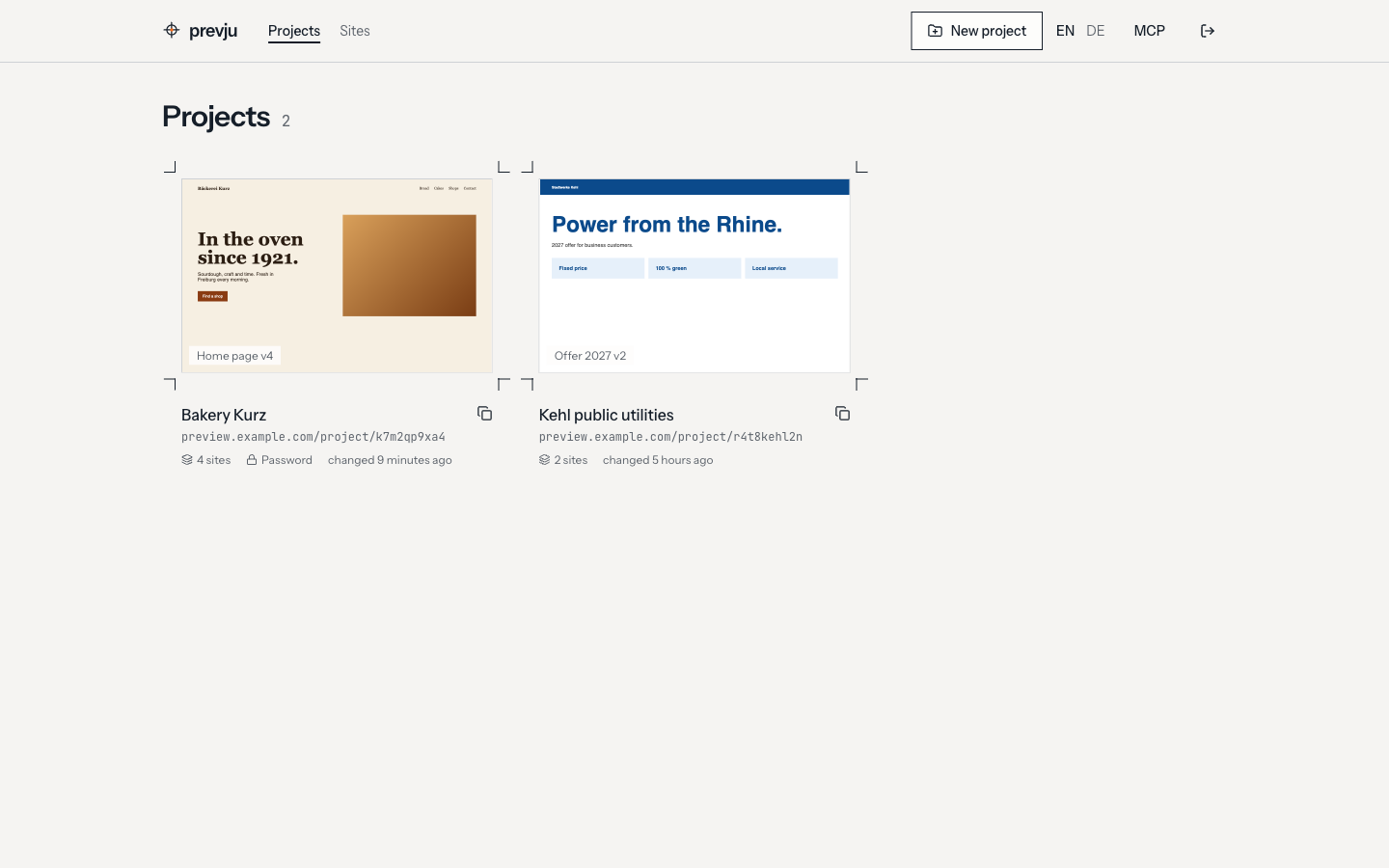 The projects page in the prevju admin