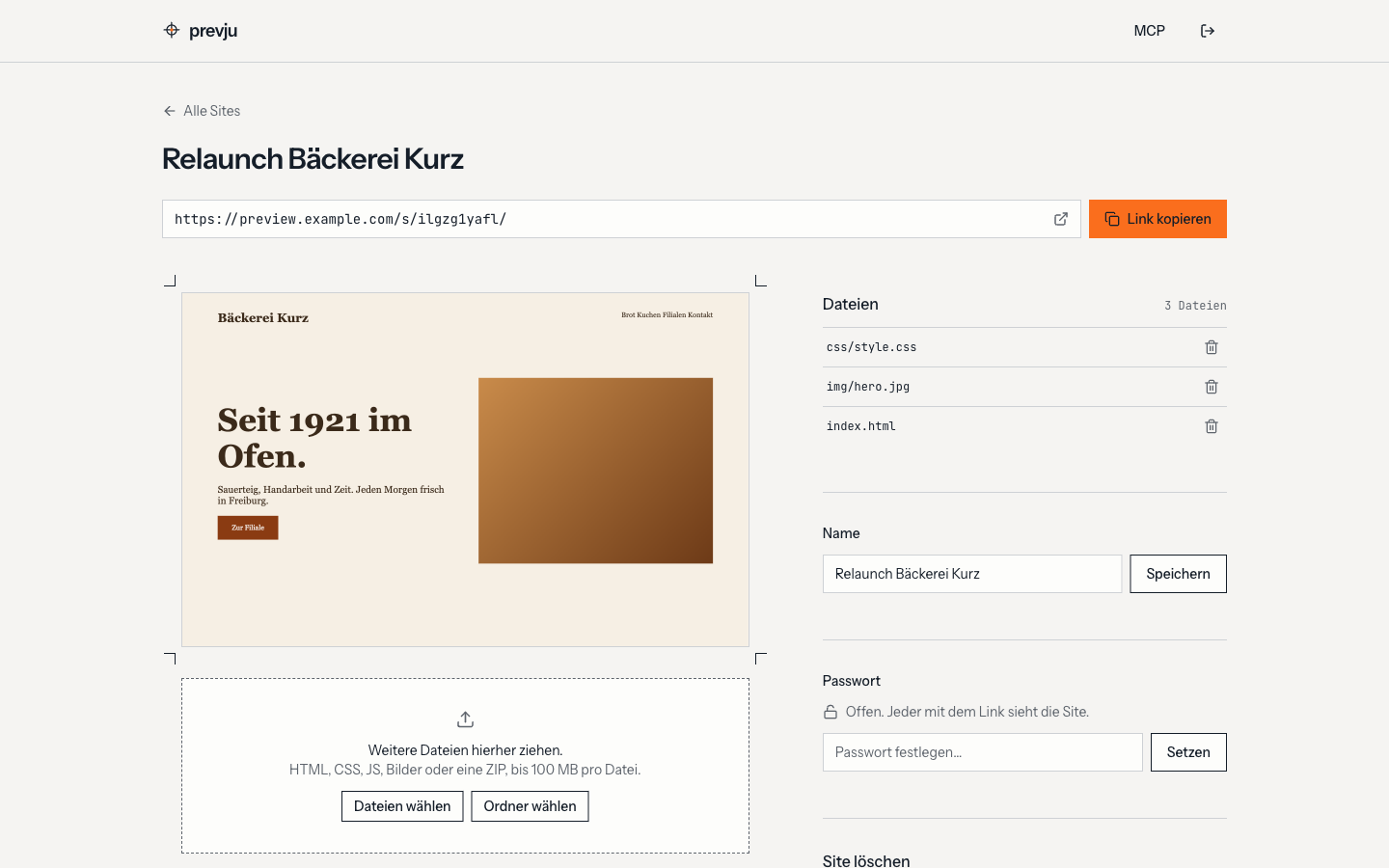 A site in the prevju admin: link, live preview, drop zone and file list